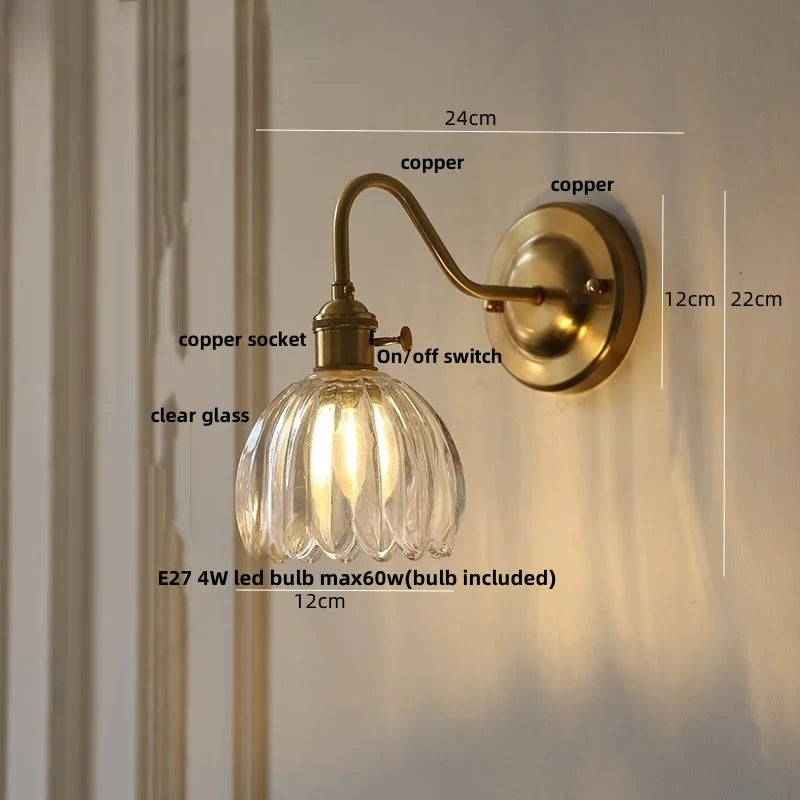 Helnys Glass Copper LED Wall Sconce with Switch and Knob - Modern Nordic Design