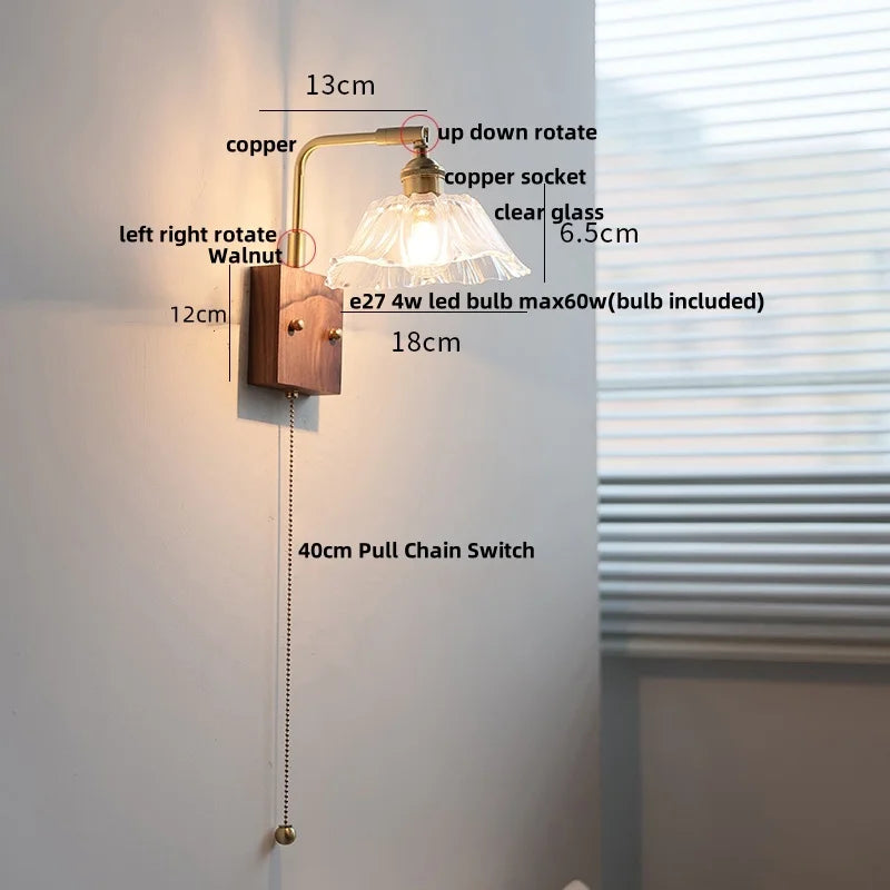 Helnys Nordic Walnut Glass LED Wall Light with Rotatable Brass Finish