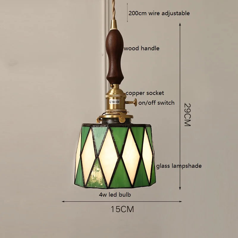 Helnys Vintage Europe Style LED Pendant Light with Wood, Copper, Glass Lampshade