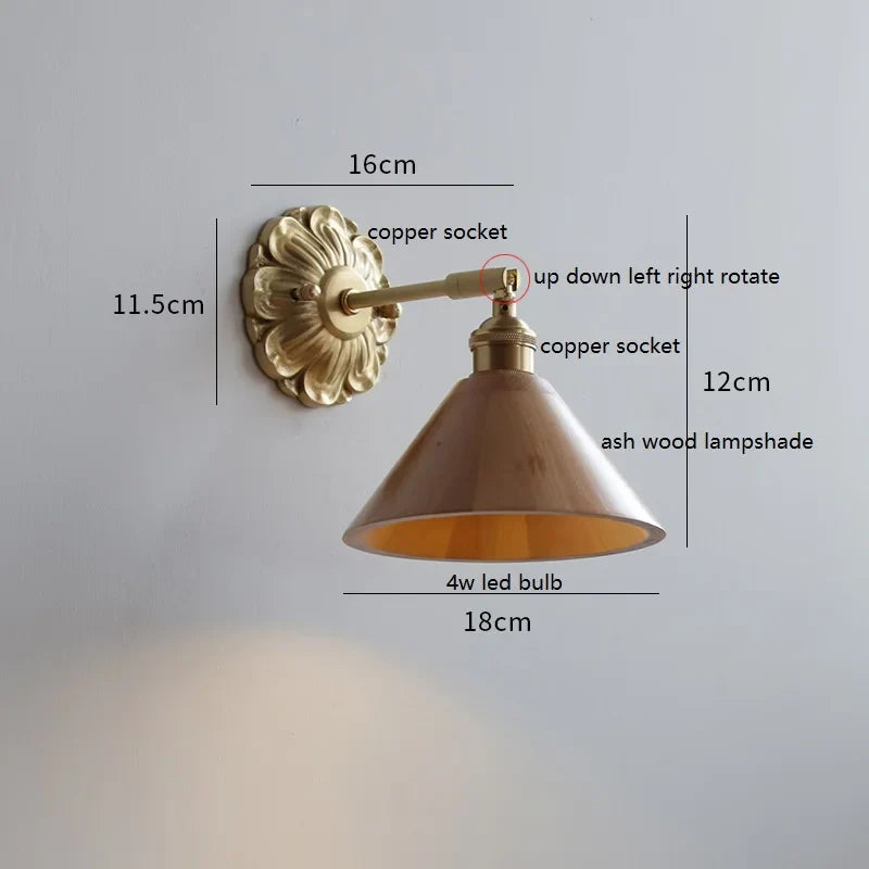 Helnys LED Wall Sconce Switch Wood Bedroom Living Room Copper Arm Wall Light