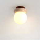Helnys LED Ceiling Light Wood Base Japan Style Yellow Travertine White Glass