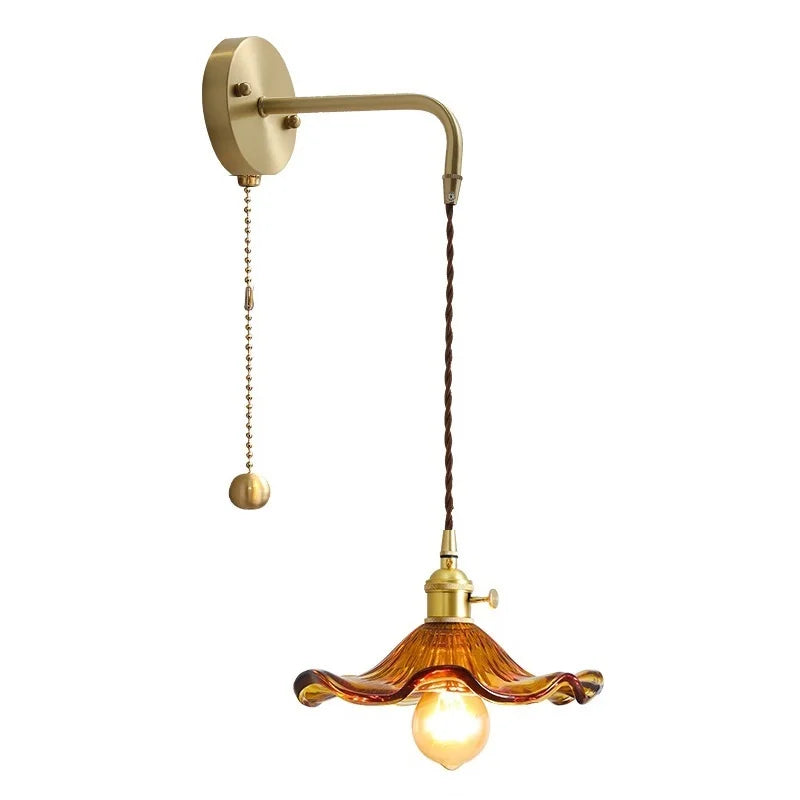 Helnys Amber Glass LED Wall Sconce for Living Room, Bedroom, Bar - Copper Wall Lamp