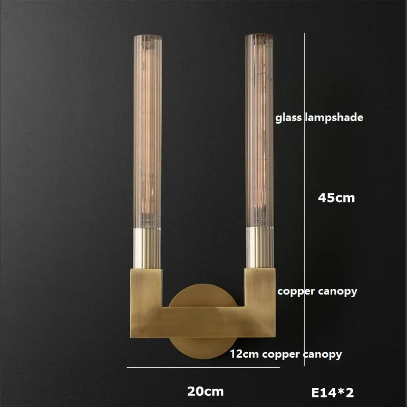 Helnys Double Heads Copper LED Wall Light - North America Style Glass Stair Bedroom Lamp