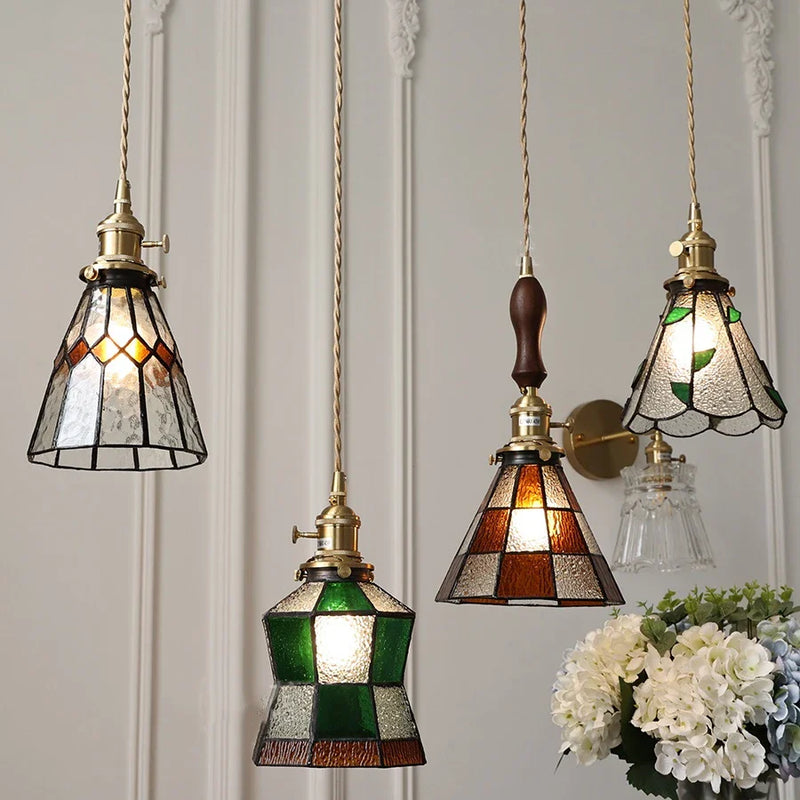 Helnys Vintage Europe Style LED Pendant Light with Wood, Copper, Glass Lampshade