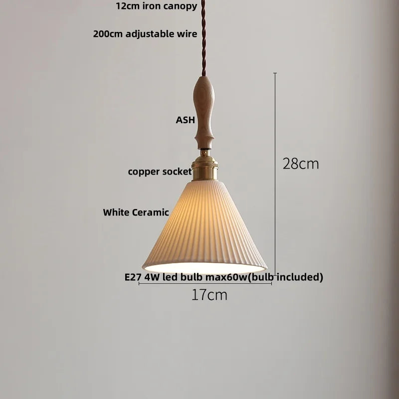 Helnys Adjustable LED Pendant Lights Ash Wood White Ceramic Nordic Hanging Lamp