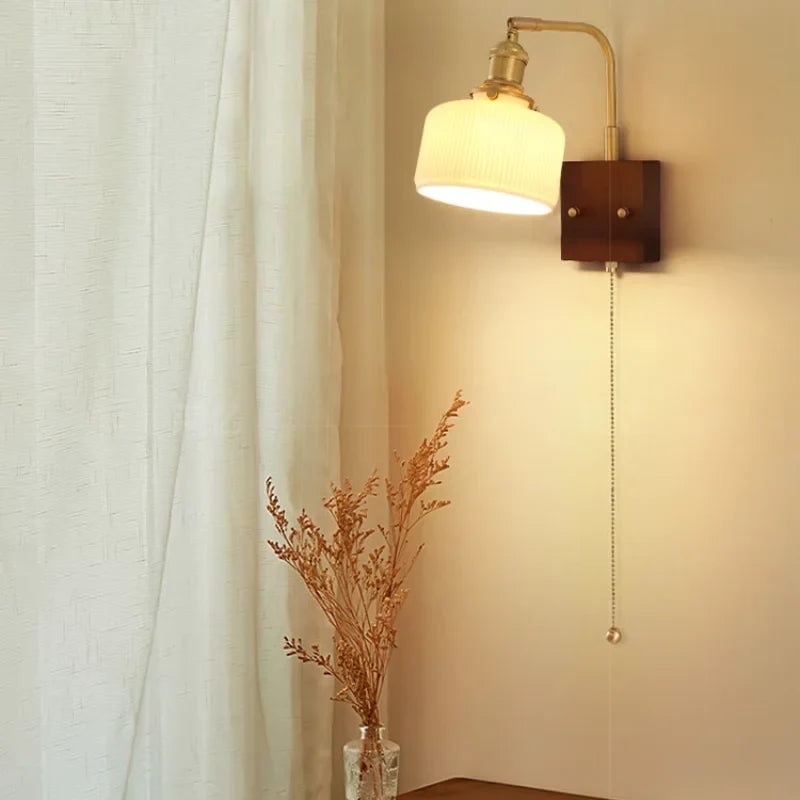 Helnys Rotatable Ceramic LED Wall Sconce Nordic Walnut Wood Bedside Lamp