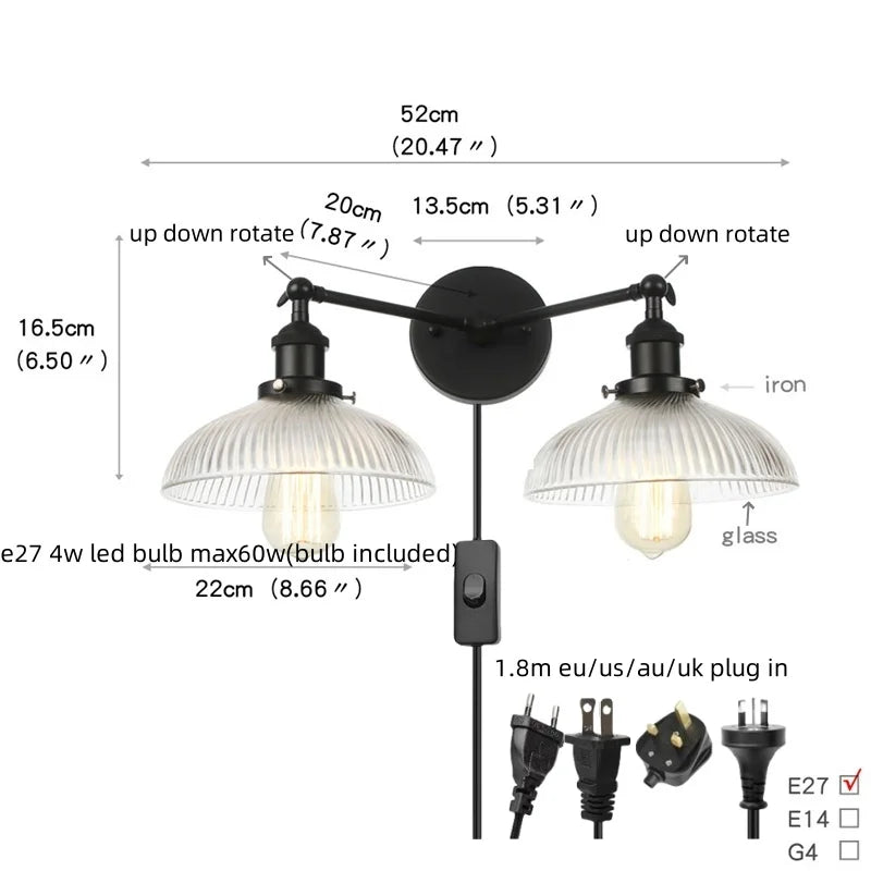 Helnys Industrial LED Wall Light with White Glass, Pull Chain Switch, 2 Heads