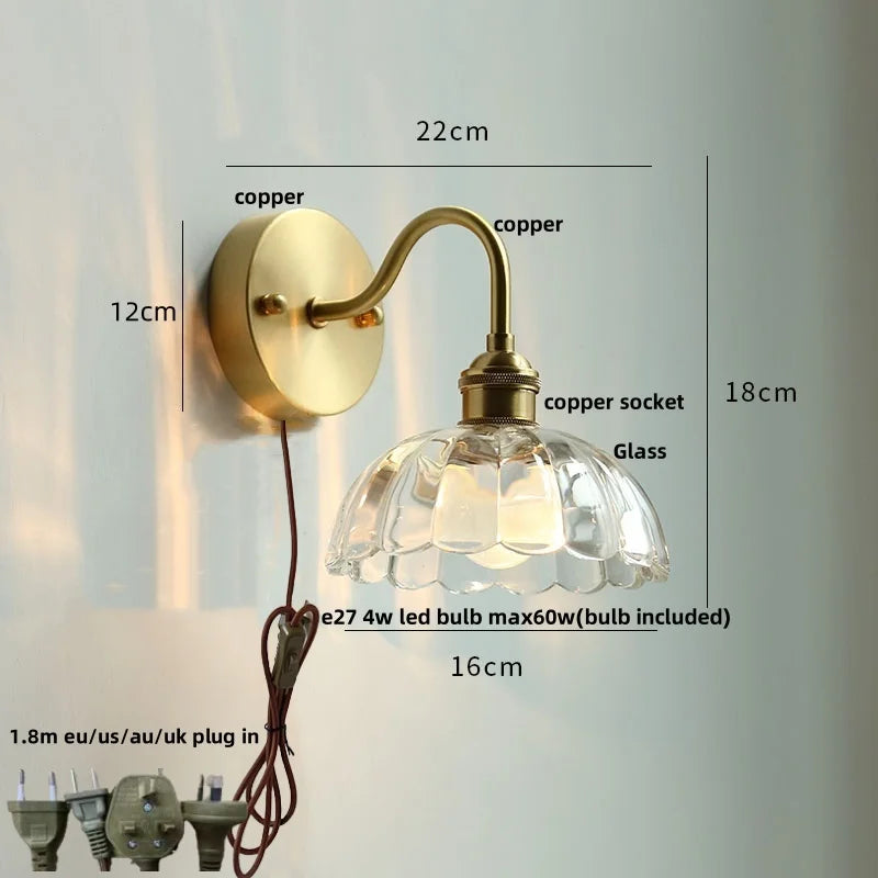 Helnys Green Class Ball LED Wall Light Fixture - Copper Socket Pull Chain Switch
