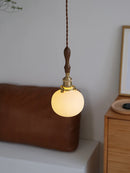 Helnys White Ceramic Ball LED Pendant Light with Copper Socket & Wood Handle