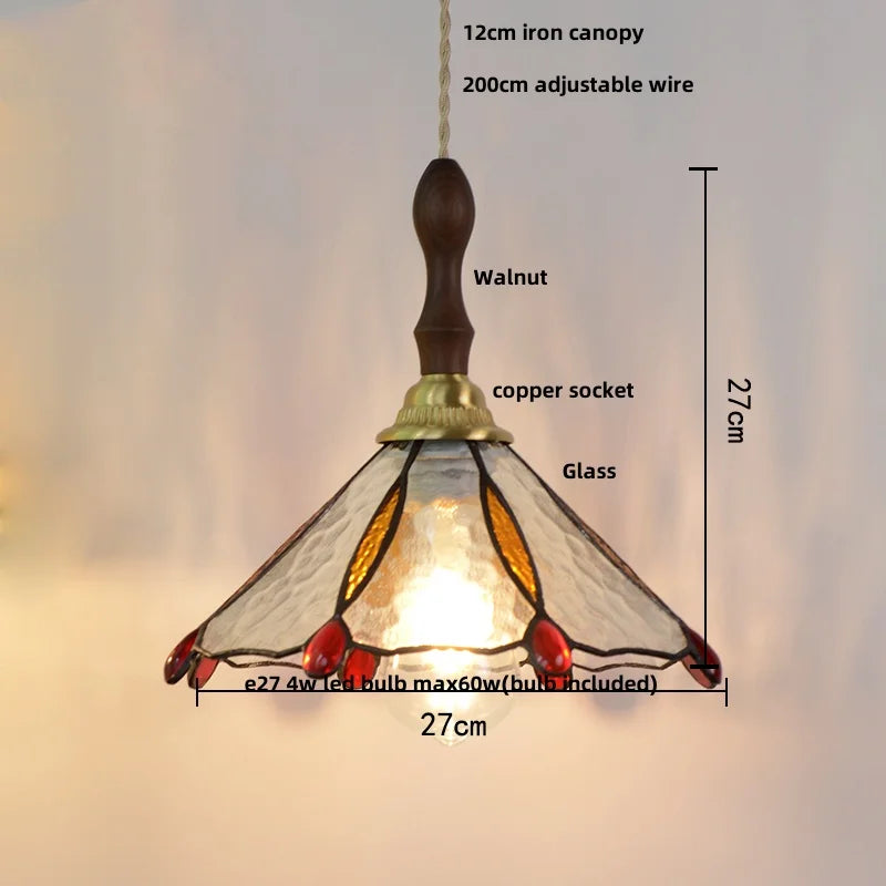 Helnys Tiffany Glass Pendant Lights Vintage Walnut Wood LED Hanging Lamp