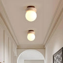 Helnys LED Ceiling Light Wood Base Japan Style Yellow Travertine White Glass
