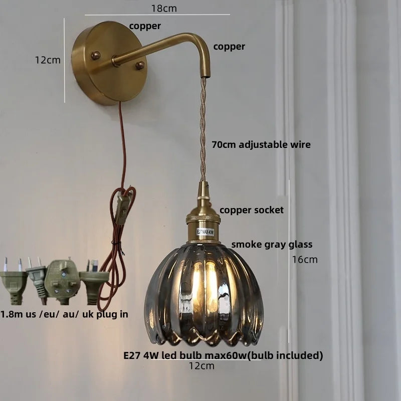 Helnys Smoke Gray Glass LED Wall Light with Pull Chain Switch - Minimalist Design