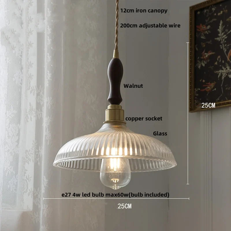 Helnys Amber Glass LED Pendant Lamp Nordic Modern Walnut Wood Copper Hanging Light