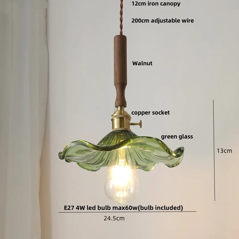 Helnys Amber Glass LED Pendant Light Fixture with Walnut Wood Bar and Adjustable Wire