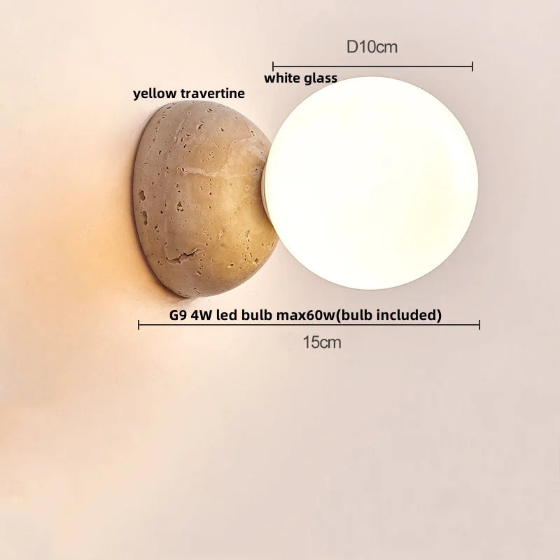 Helnys White Glass Globe LED Wall Light with Stone Base, Japan Style Sconce