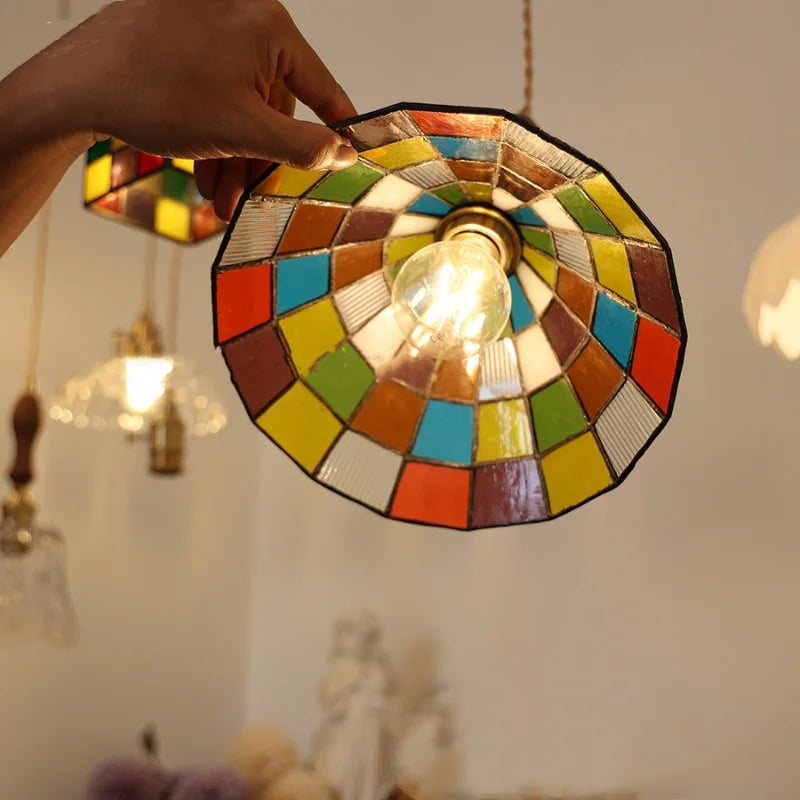 Helnys Vintage Glass LED Pendant Light Fixture Bar Living Room Restaurant Brass Wood
