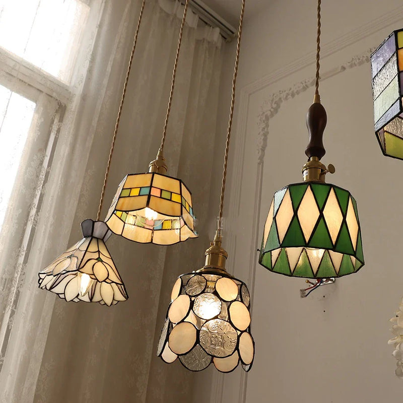 Helnys Vintage Europe Style LED Pendant Light with Wood, Copper, Glass Lampshade