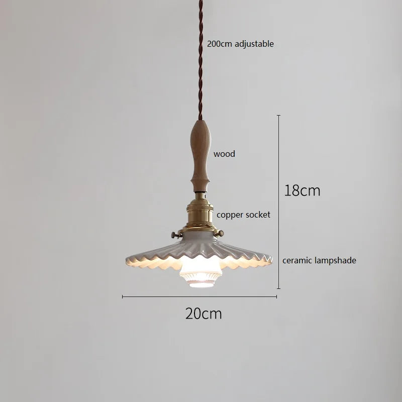 Helnys Wood Handle Copper LED Pendant Lights Fixture Modern Hanging Lamp