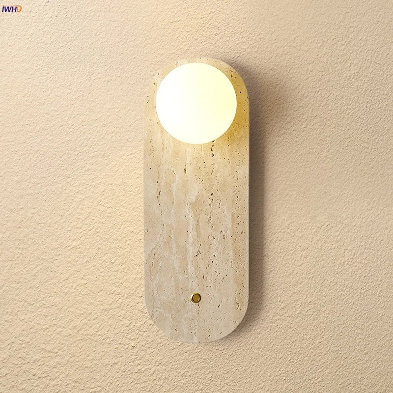Helnys LED Wall Light Fixture Nordic Modern Yellow Travertine White Glass Bedside Lamp