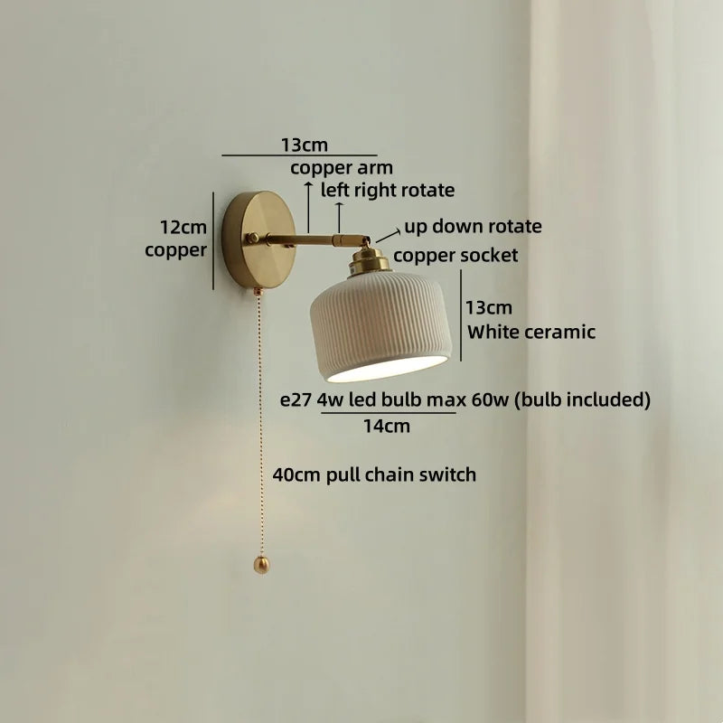 Helnys LED Wall Lamp Bedroom Gold Swing Arm Ceramic Light