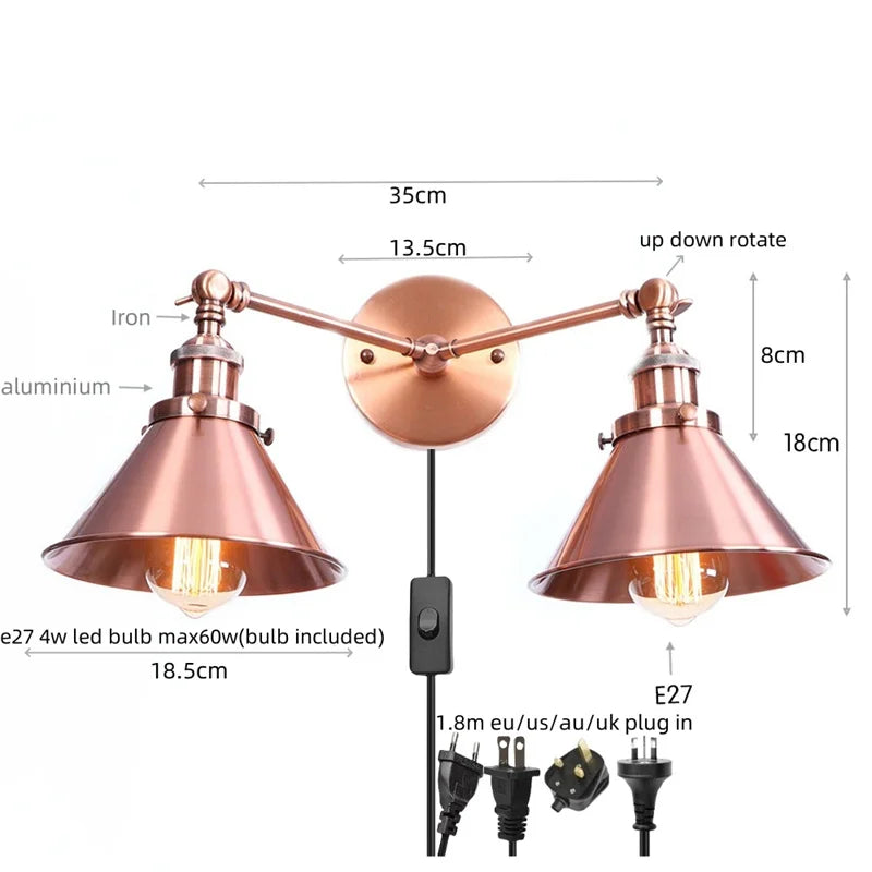 Helnys Industrial Vintage 2-Head LED Wall Light Gold Iron Loft Lamparas De Pared