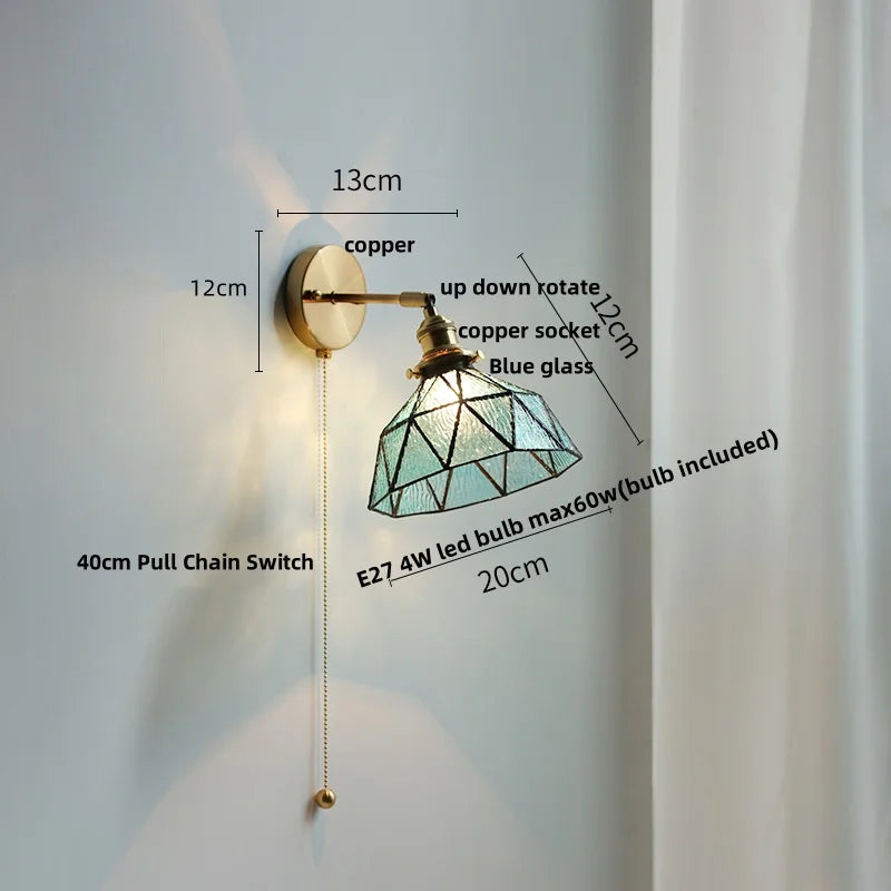 Helnys Tiffany Blue Glass LED Wall Sconce with Rotate Copper Pull Chain Switch