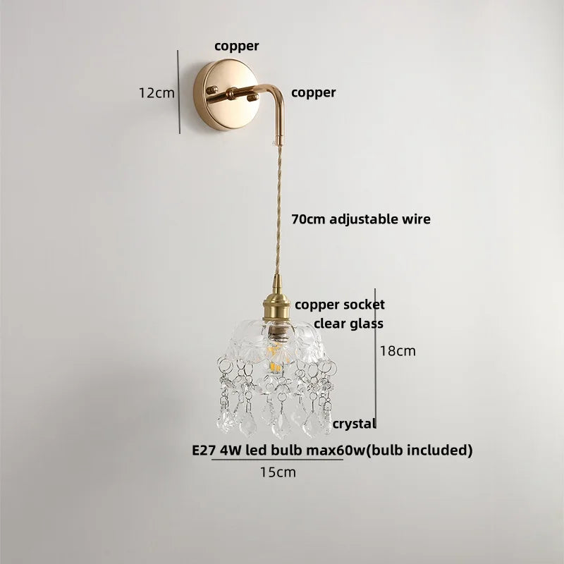 Helnys Adjustable LED Wall Light Clear Glass Copper Socket Bedside Lamp