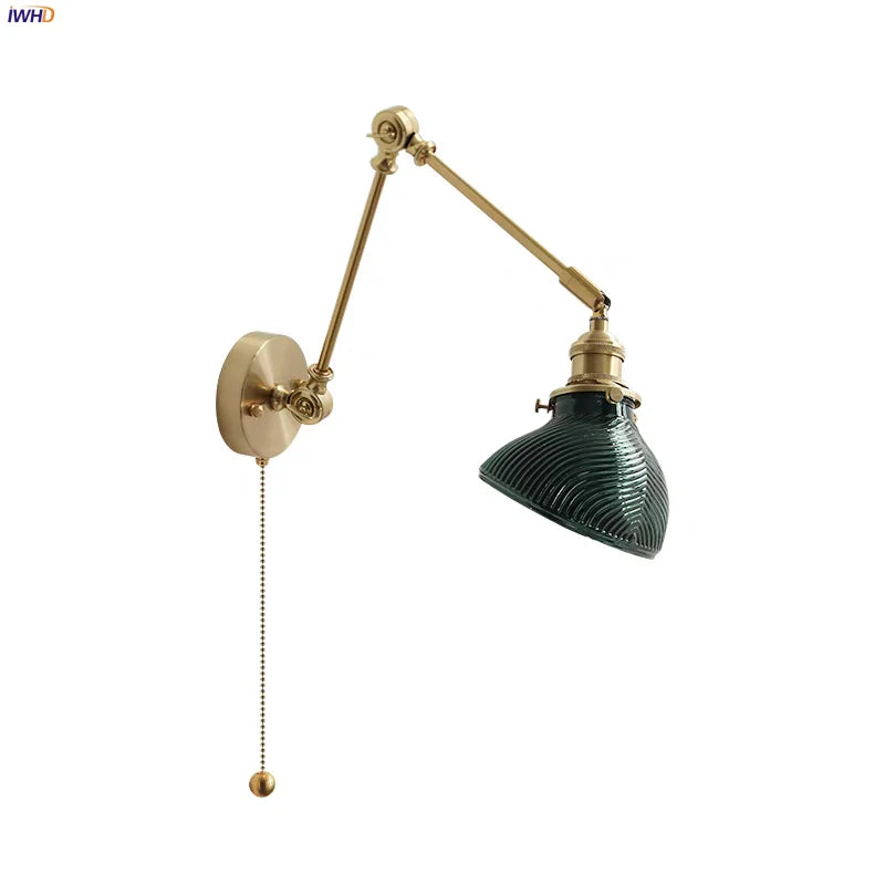 Helnys Glass Green LED Wall Light with Pull Chain Switch - Vintage Swing Arms Sconce