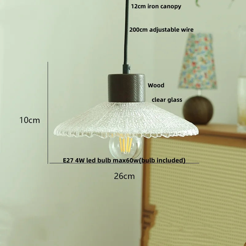 Helnys Glass LED Pendant Light Japan Style Wood Hanging Lamp