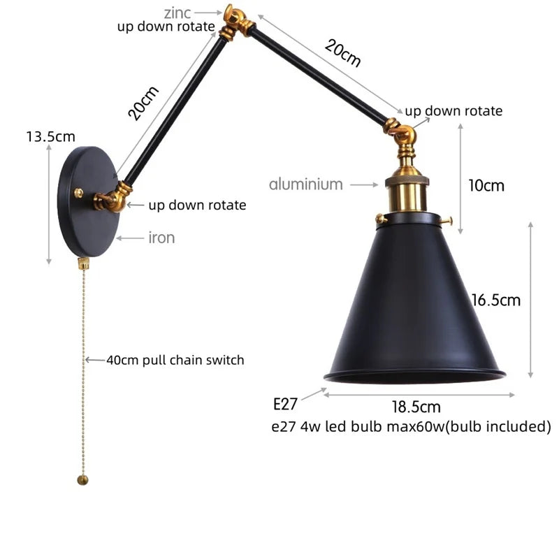 Helnys Retro LED Swing Arm Wall Sconce Black Industrial Vintage Loft Lamp