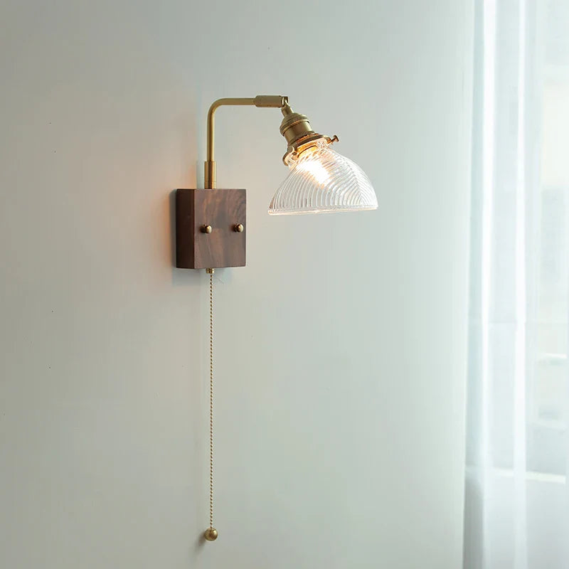 Helnys Rotatable Walnut Wood LED Wall Sconce Glass Pull Chain Switch Nordic Stair Light