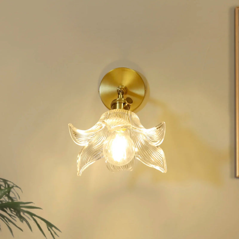 Helnys Flower Glass LED Wall Lamp with Pull Chain Switch - Copper Wall Light Fixtures