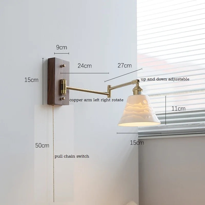Helnys Ash Wood Canopy LED Wall Sconce Pull Chain Switch Rotate Bedroom Lamp