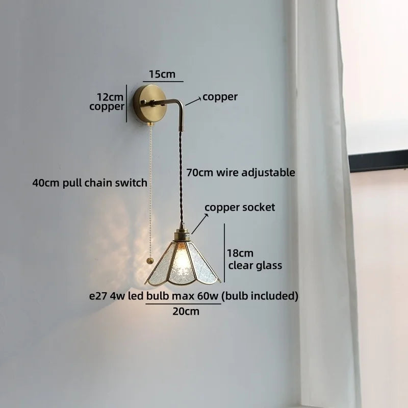 Helnys Brass Glass Shade LED Wall Lamp, Nordic Modern Bathroom Mirror Light