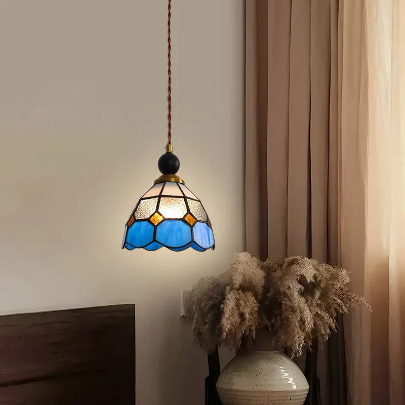 Helnys Vintage Tiffany Glass Pendant Light Fixture Wood Copper Hand Stitching LED ]).