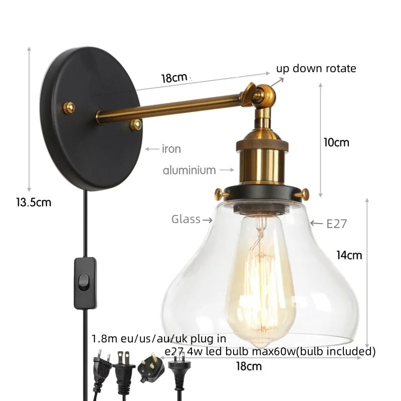 Helnys Red Bronze LED Wall Lamp Pull Chain Switch Clear Glass Vintage Retro Stair Light