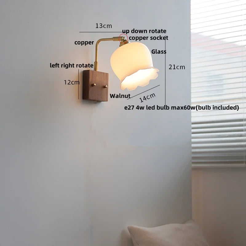 Helnys Rotatable Vintage LED Wall Sconce Pull Chain Switch Wood Bedside Lamp