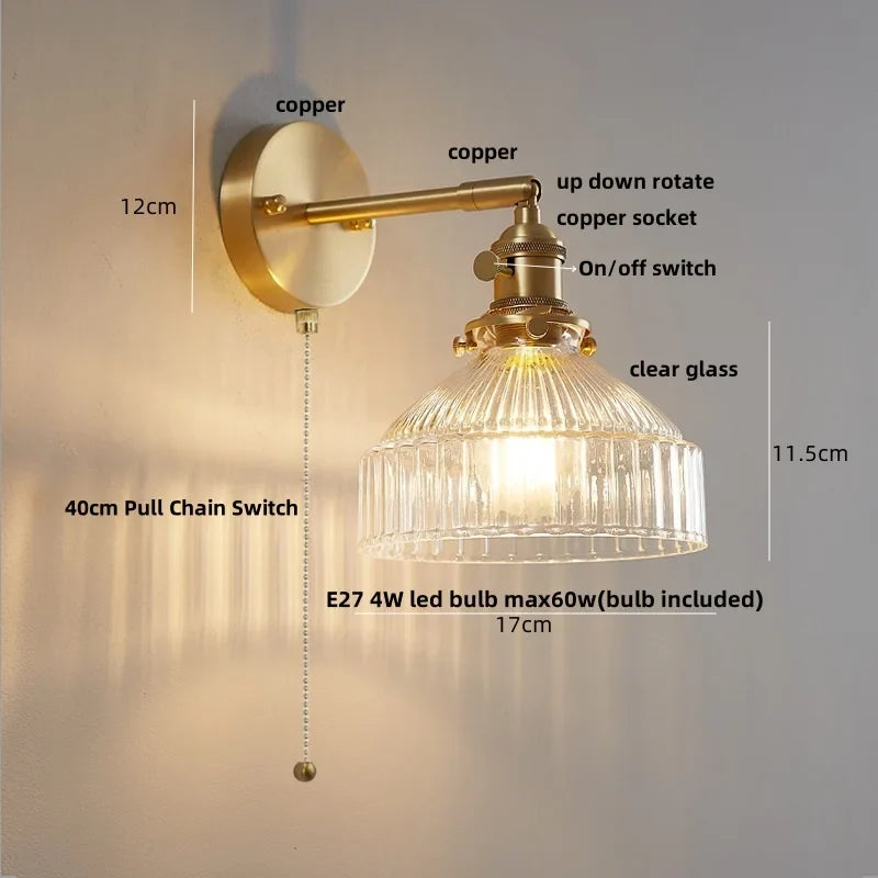 Helnys Flower Glass LED Wall Lamp with Pull Chain Switch - Copper Wall Light Fixtures
