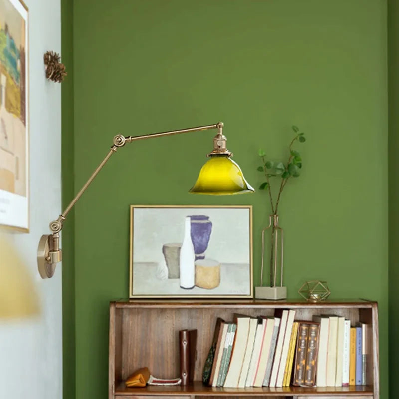 Helnys Copper Swing Arm Wall Lamp with Green White Lampshade