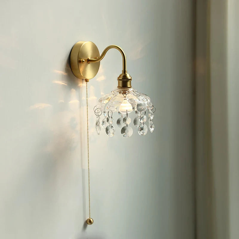 Helnys Nordic LED Wall Light with Pull Chain Switch, Crystal Glass Bedside Lamp