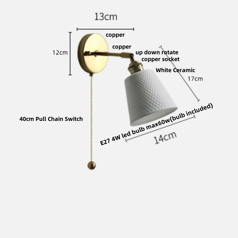Helnys LED Wall Lights Pull Chain Switch Bedroom Bedside Lamp