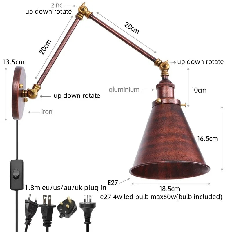 Helnys Retro LED Swing Arm Wall Sconce Black Industrial Vintage Loft Lamp