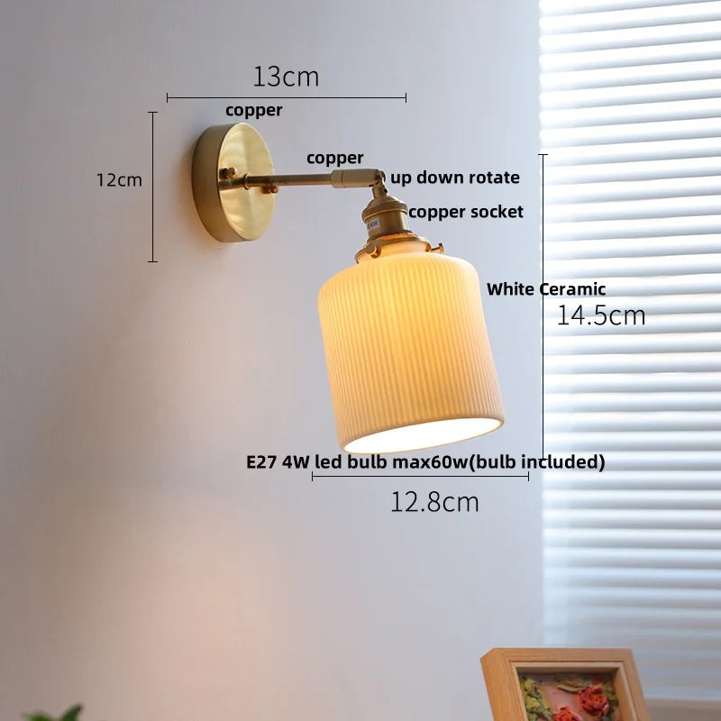 Helnys Globe White Ceramic LED Wall Sconce with Pull Chain Switch & Rotate Copper Mirror Light