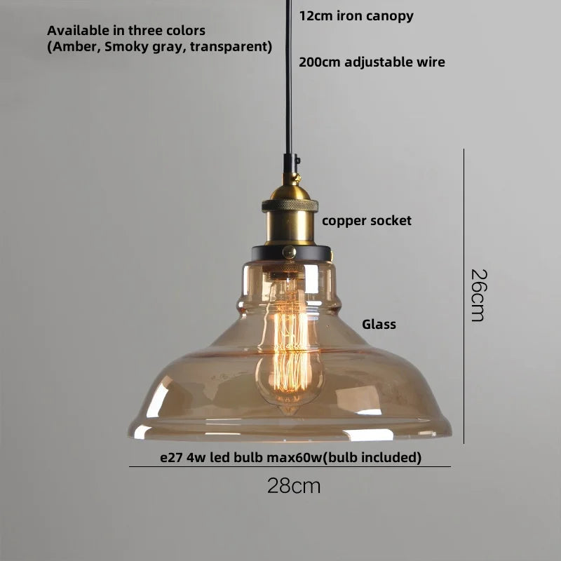 Helnys Loft Smoke Gray LED Pendant Lamp Brass Glass Vintage Hanging Light