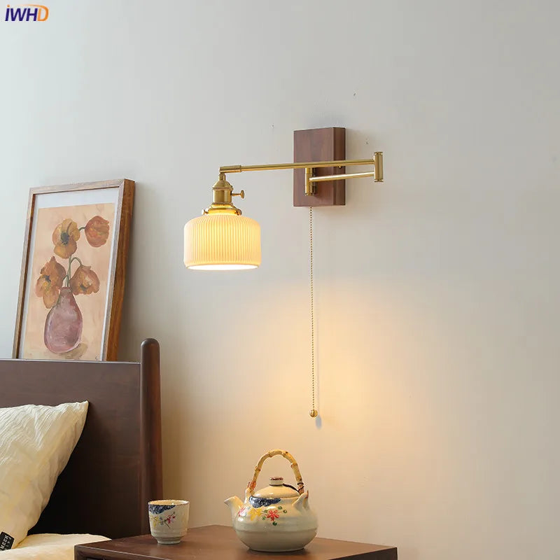 Helnys Walnut Ceramic LED Wall Lamp with Copper Arm, Rotating, Pull Chain Switch