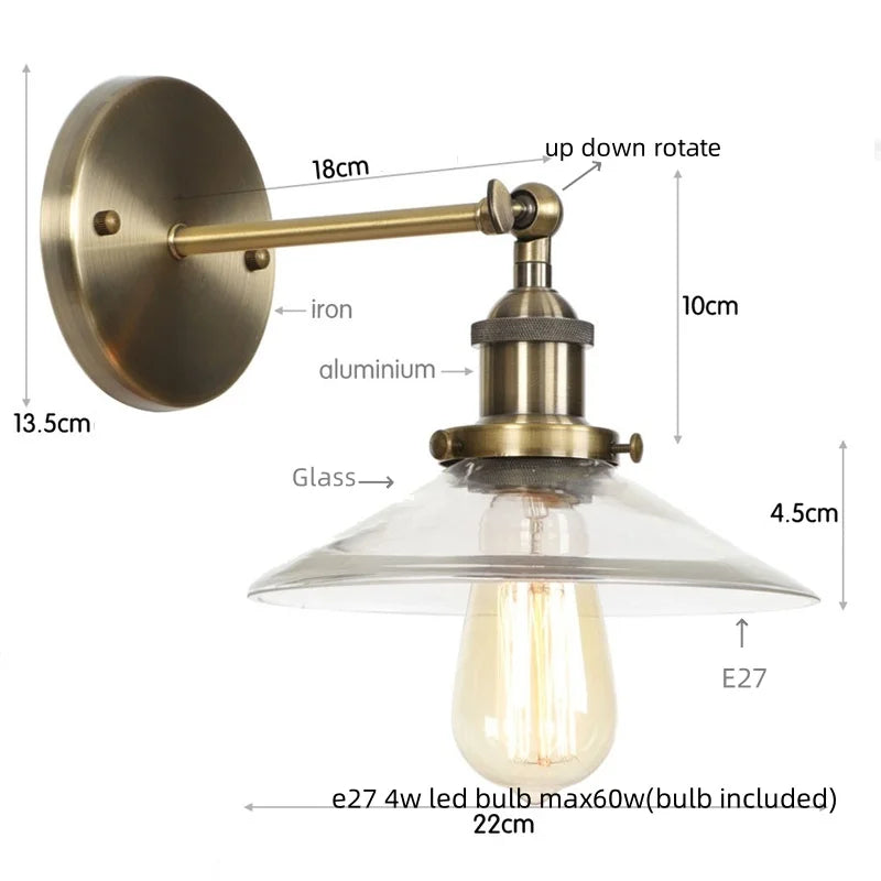 Helnys Vintage Industrial LED Wall Lamp Clear Glass Gold Bedside Light