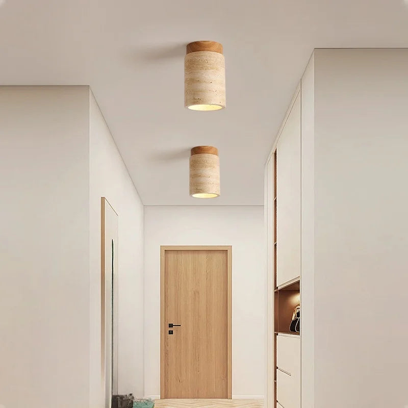 Helnys Yellow Travertine LED Ceiling Light - Nordic Modern Round Wood Stone Lamp