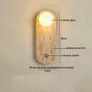 Helnys LED Wall Light Bedroom Restaurant Bar, Nordic Design, White Glass, Travertine Wood Canopy