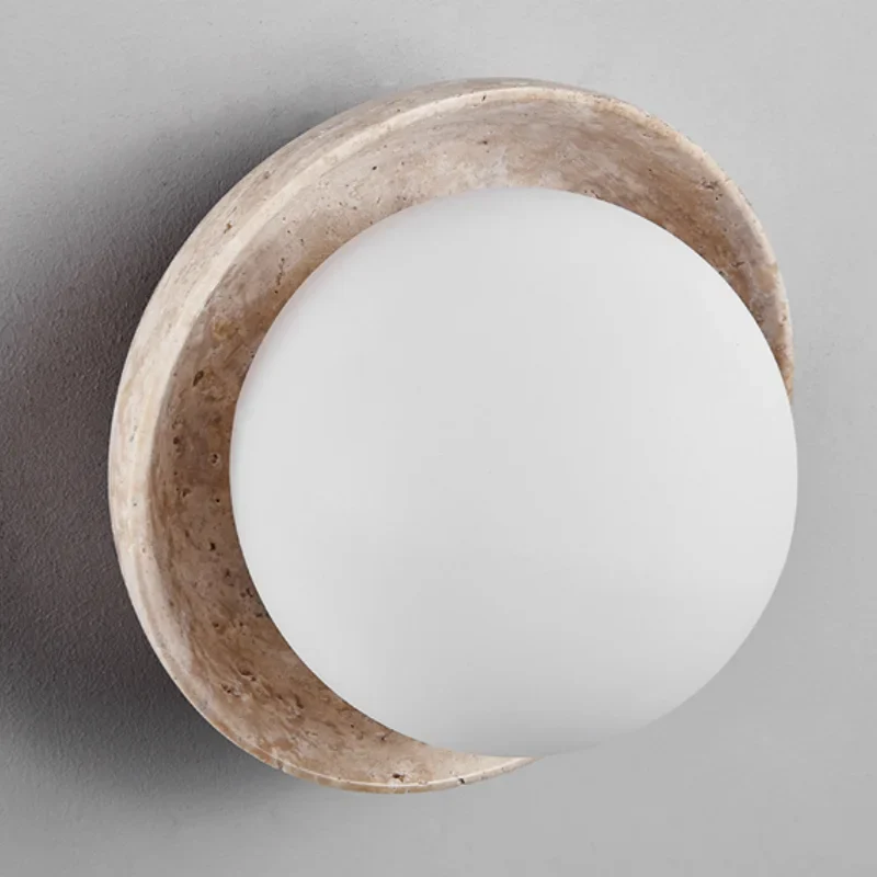 Helnys LED Wall Light Bedroom Restaurant Bar, Nordic Design, White Glass, Travertine Wood Canopy