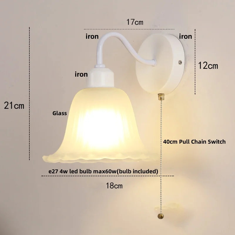 Helnys Glass Iron LED Wall Sconce Pull Chain Switch Stair Light Nordic Fixture
